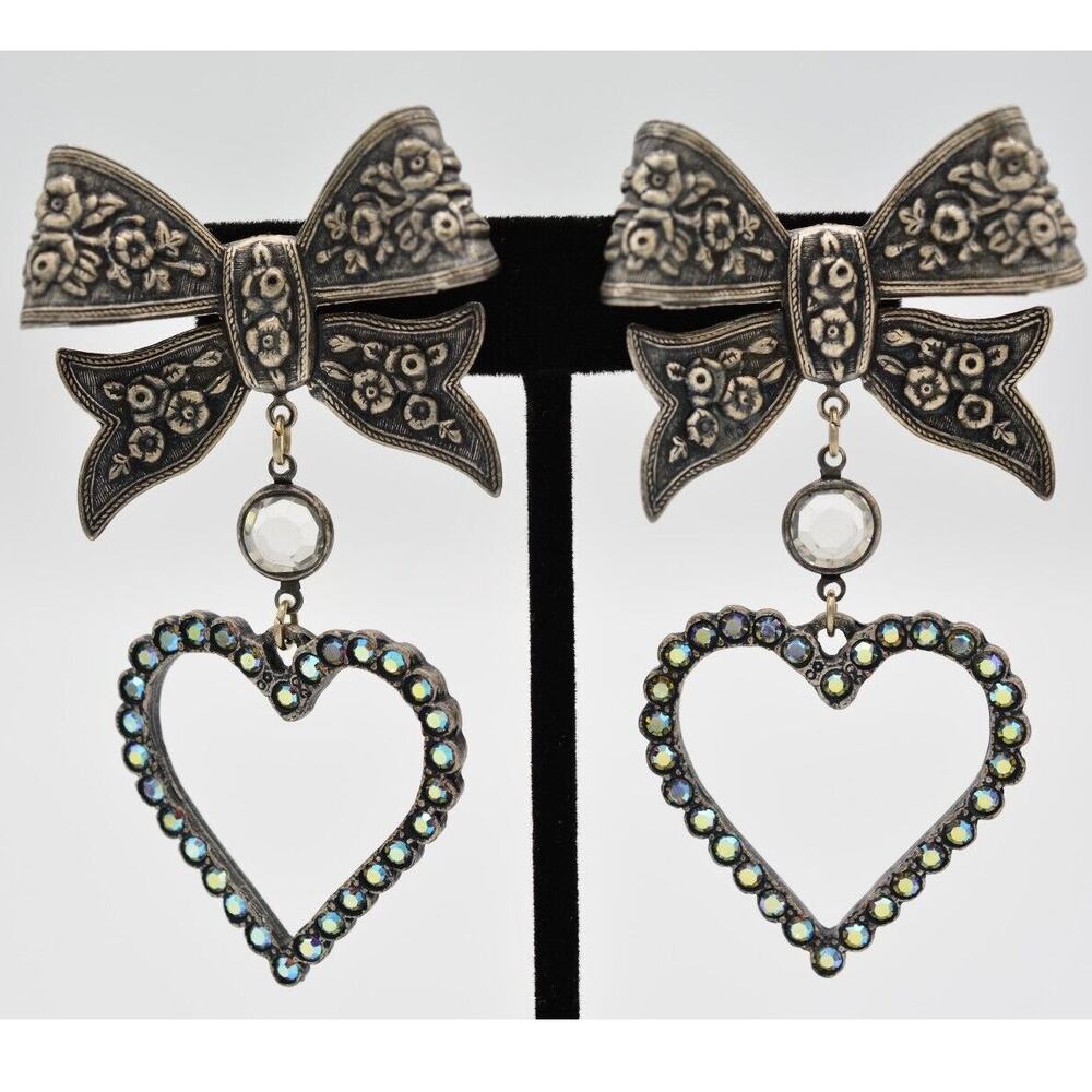 Vintage Crystal Heart Bow Earrings AB Crystal Rhinestone Dangle Chunky 80s BinH